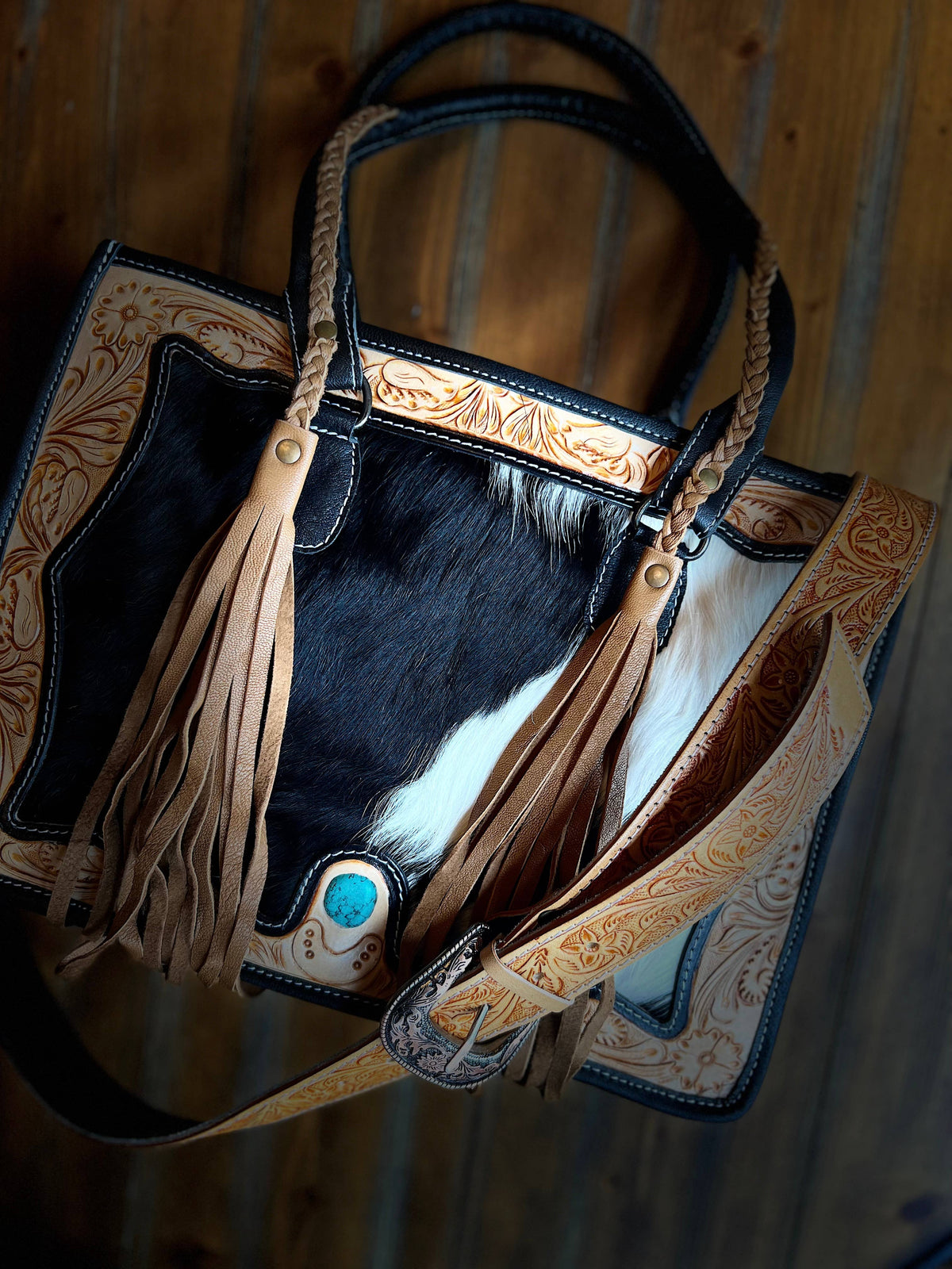Executive Tooled Leather Turquoise Inlay Cowhide Tote Purse