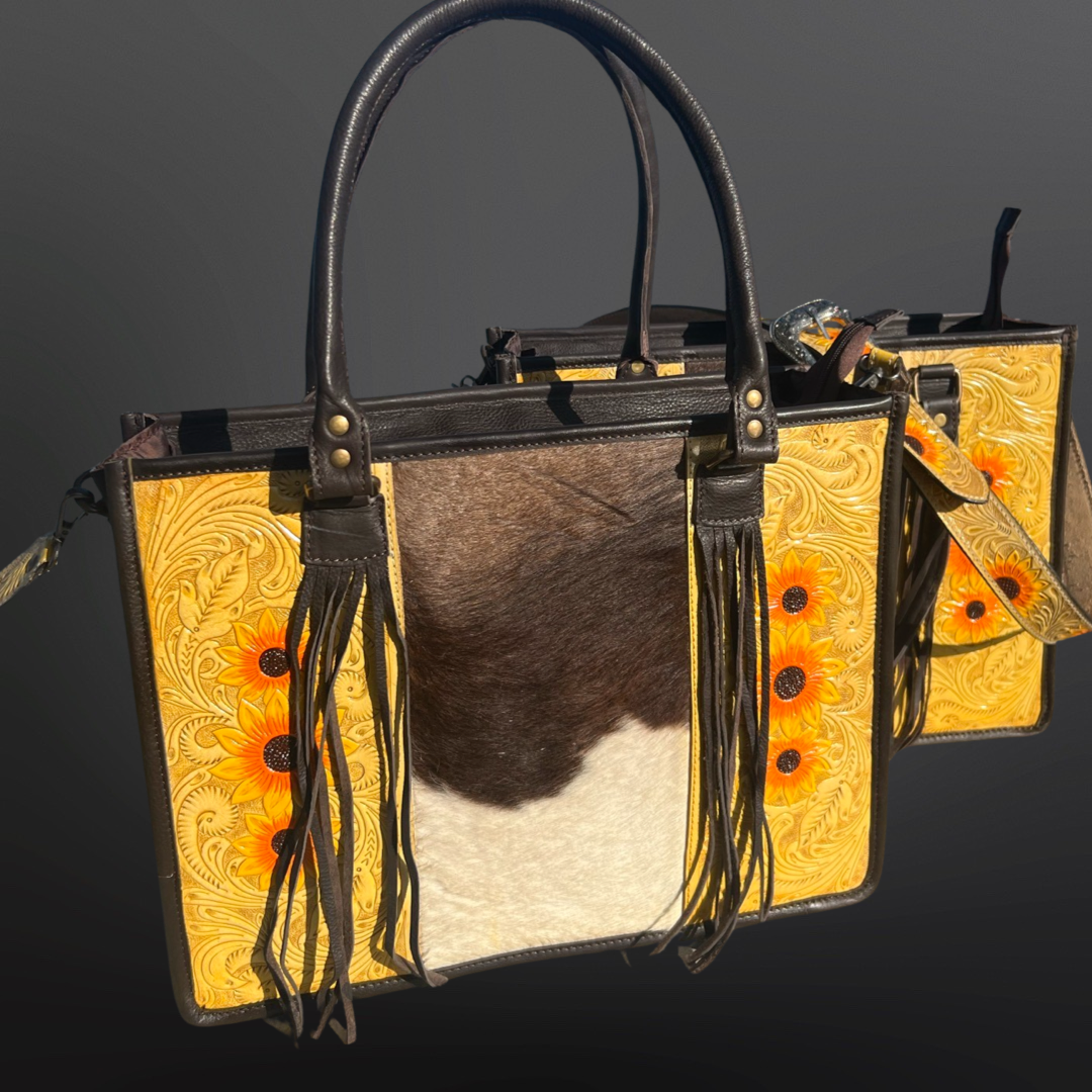 Sunflower Western Tooled Leather Handbag Laptop Case