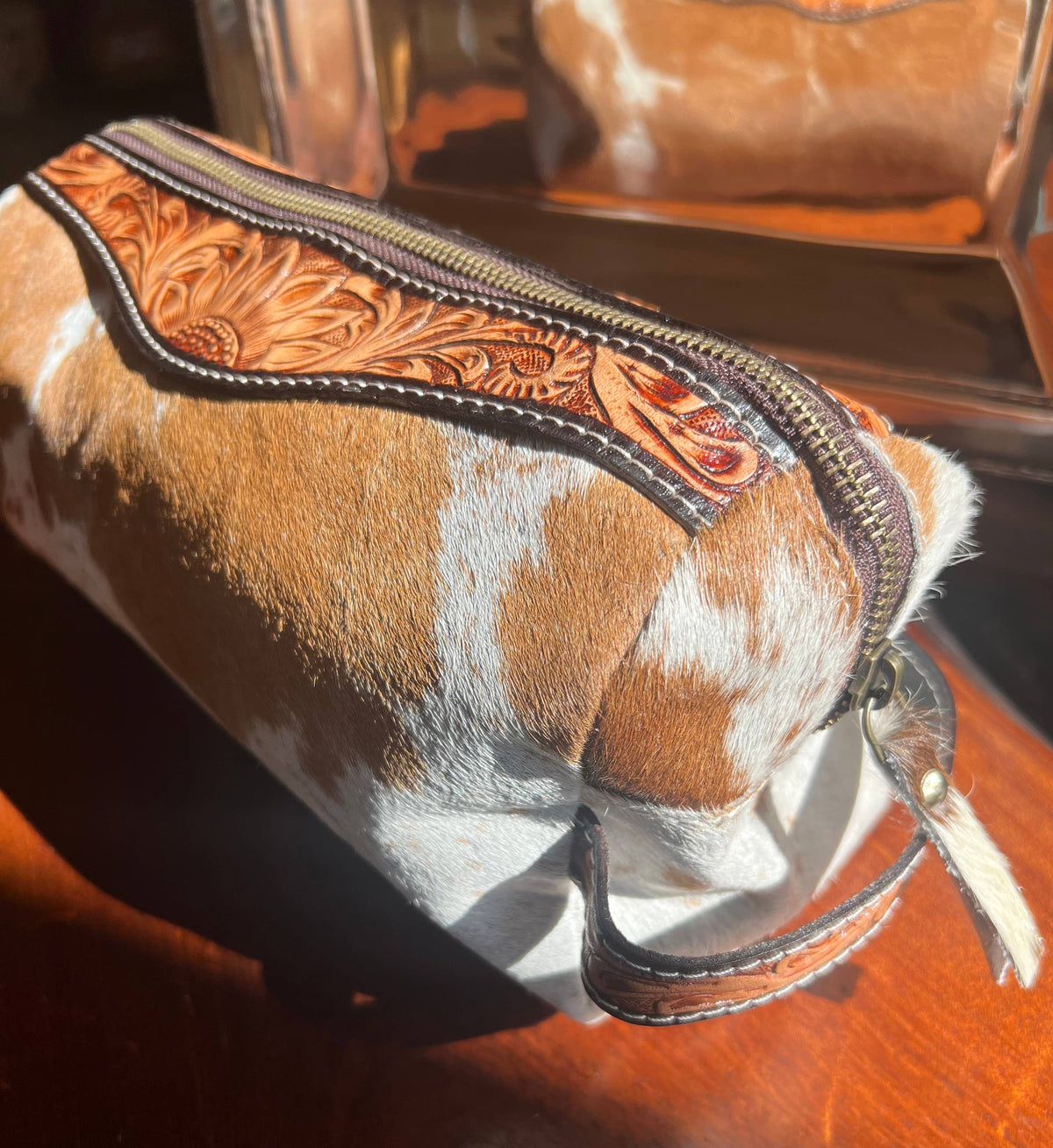 Cowhide Tooled Leather Sunflower Toiletry Bag