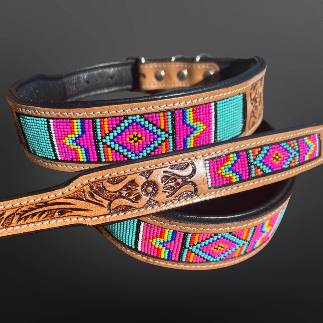 Western Tooled Leather Beaded Dog Collar