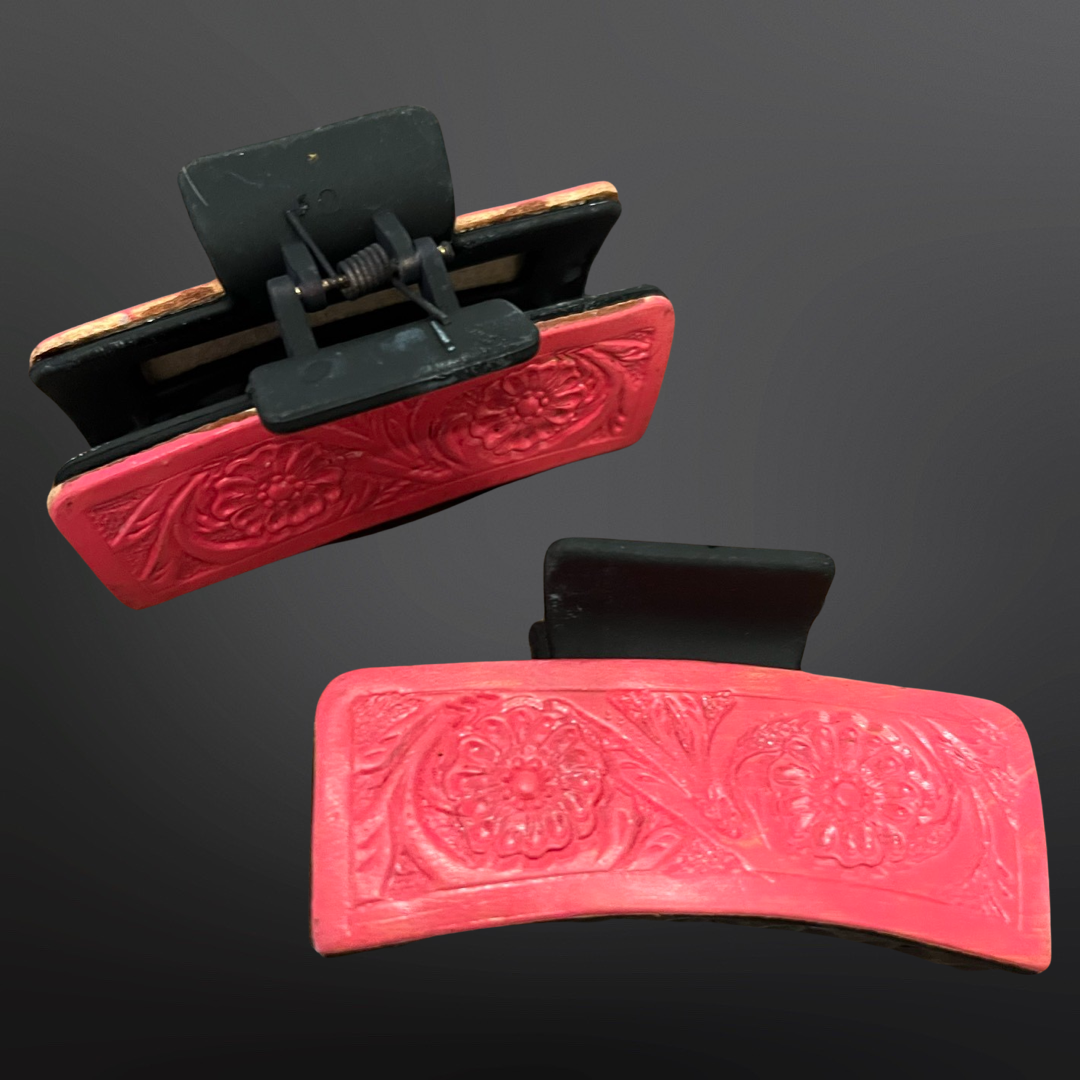 Pink Tooled Leather Claw Hair Clips - Matte Clip
