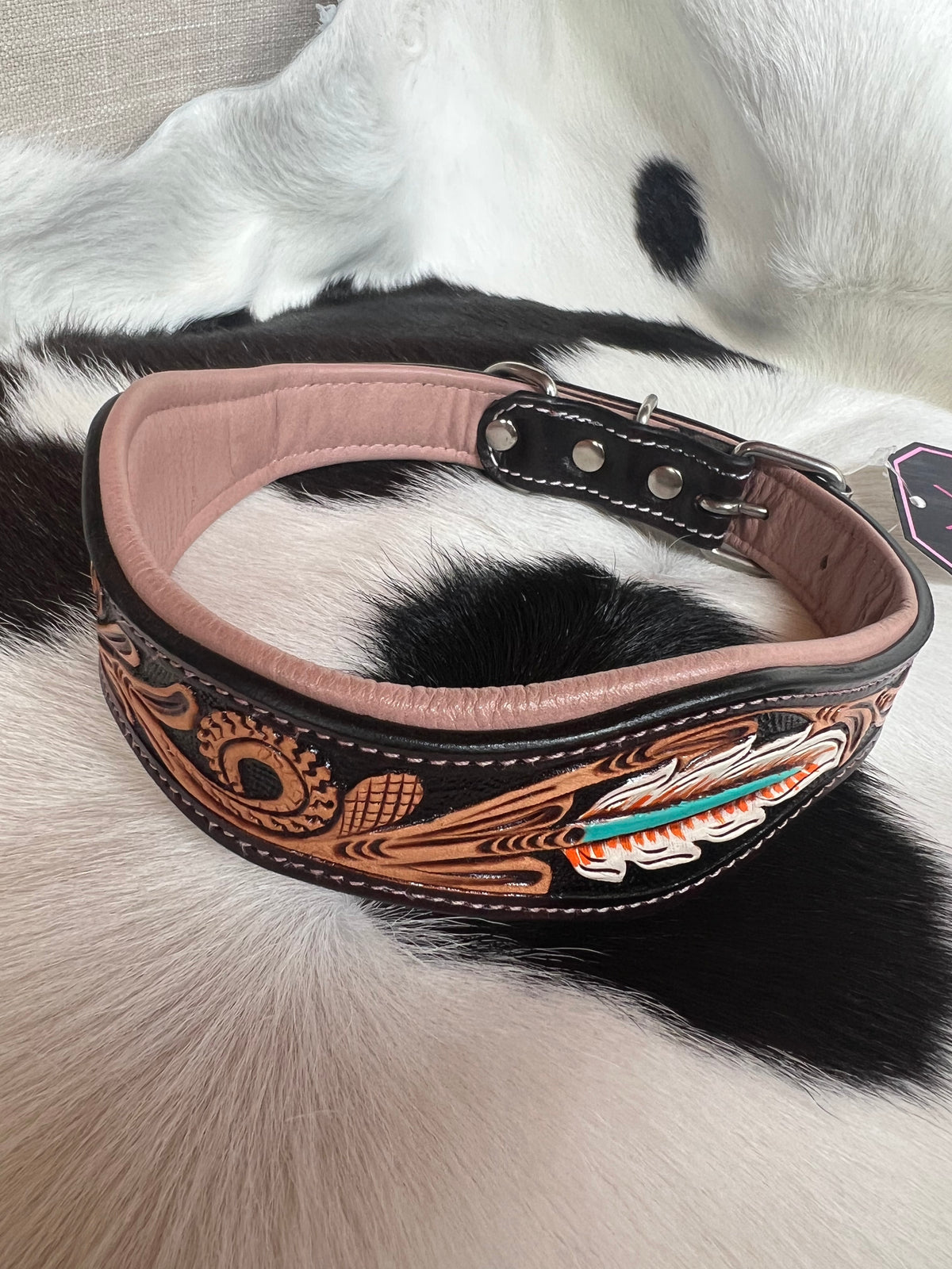 Western Tooled Leather Feather Dog Collar