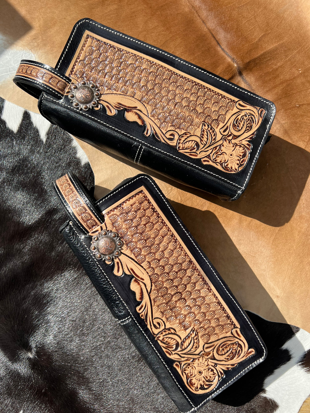 Tooled Leather Toiletry Bag with Concho
