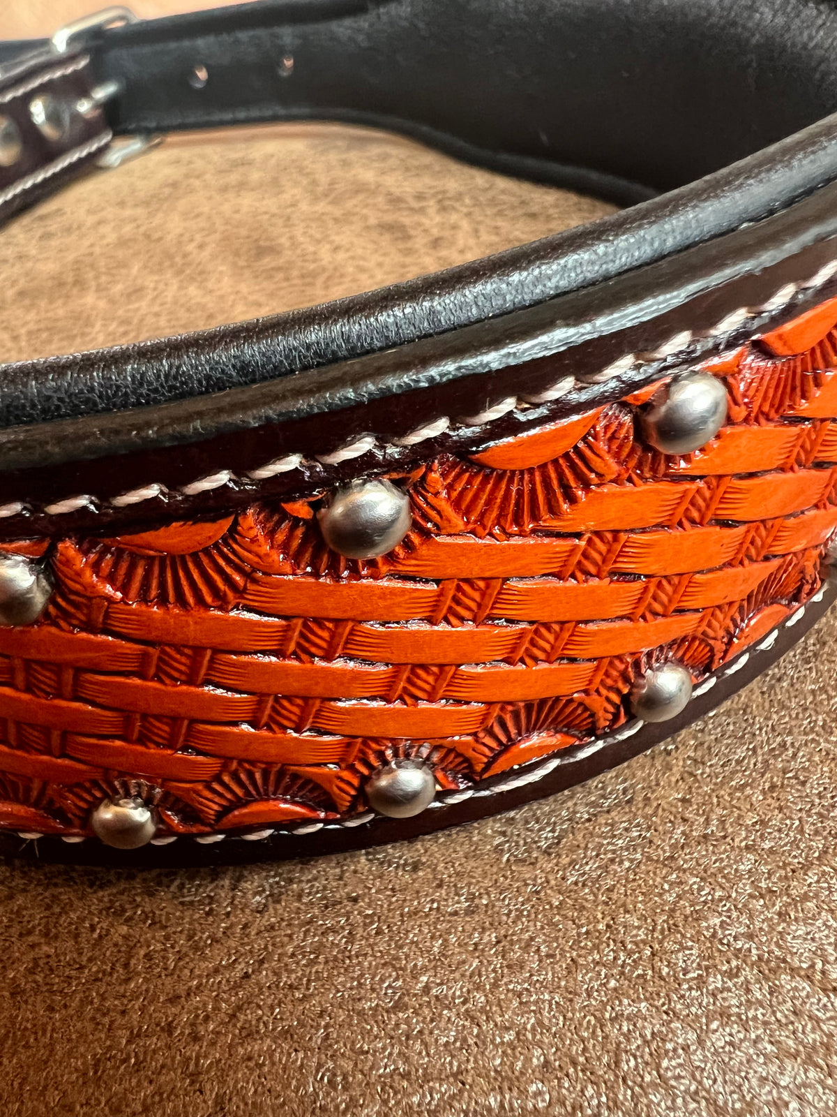 Basket Weave Tooled Leather Stud Dog Collar