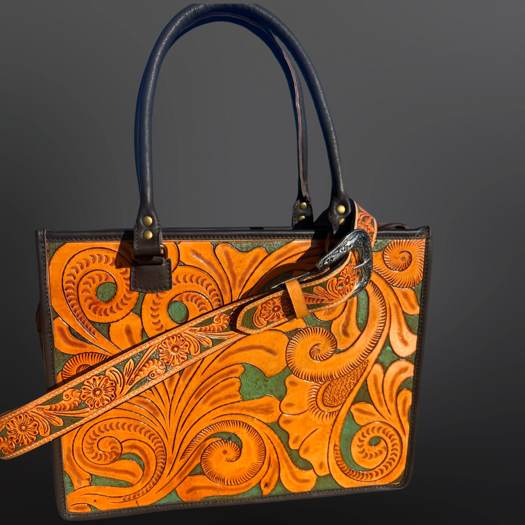 Western Tooled Leather Handbag - Turquoise