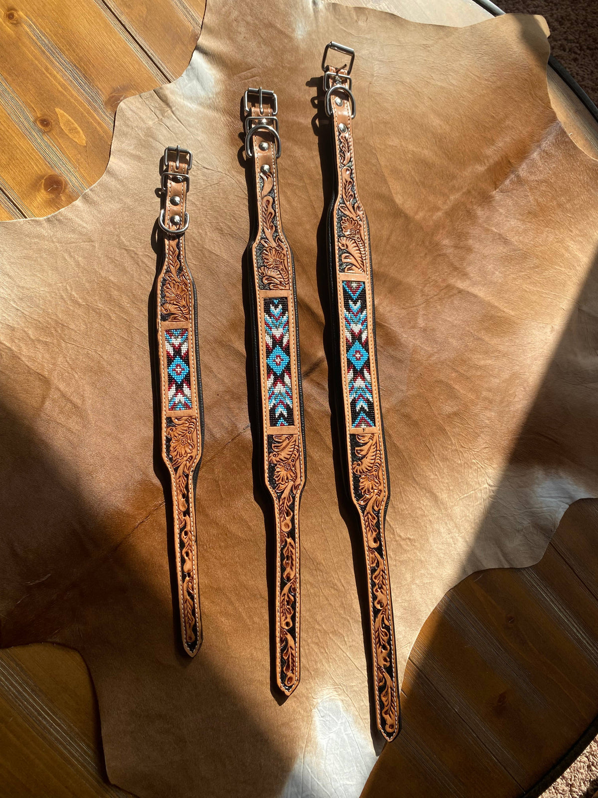 Western Aztec Turquoise Leather Beaded Dog Collar