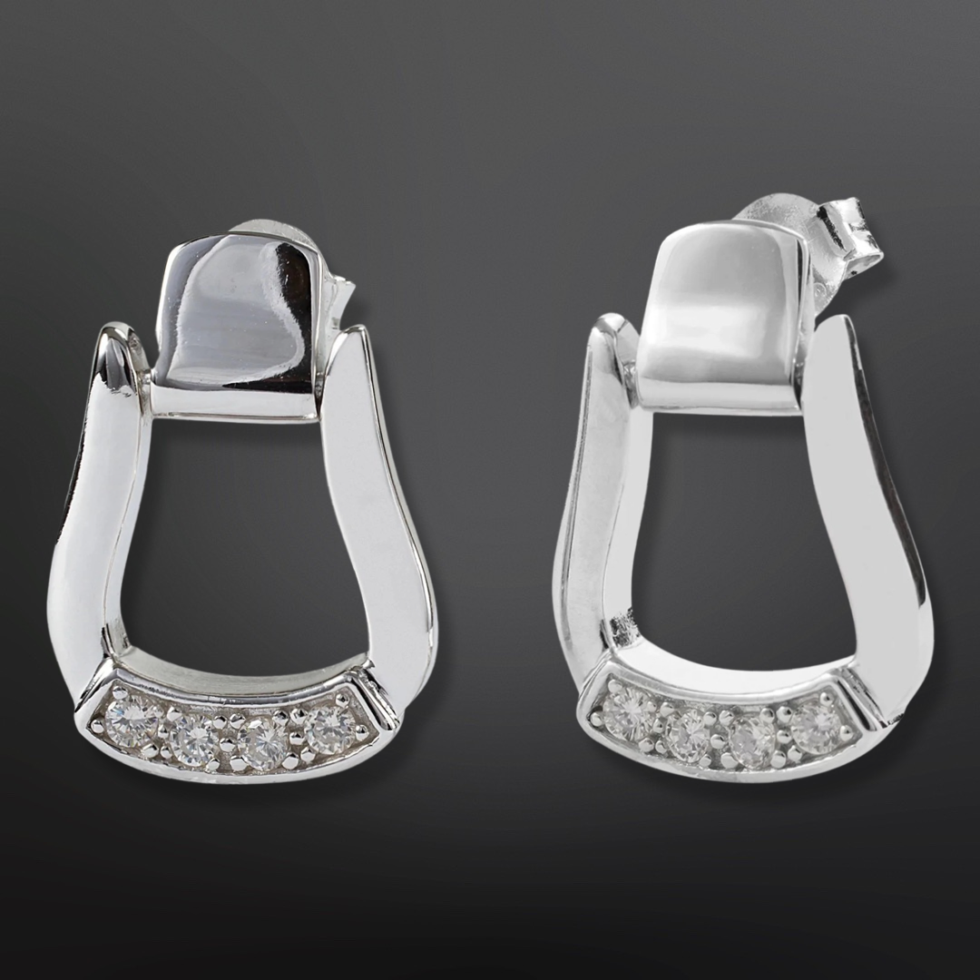 Sterling Silver Saddle Stirrup Earrings CZ Accents