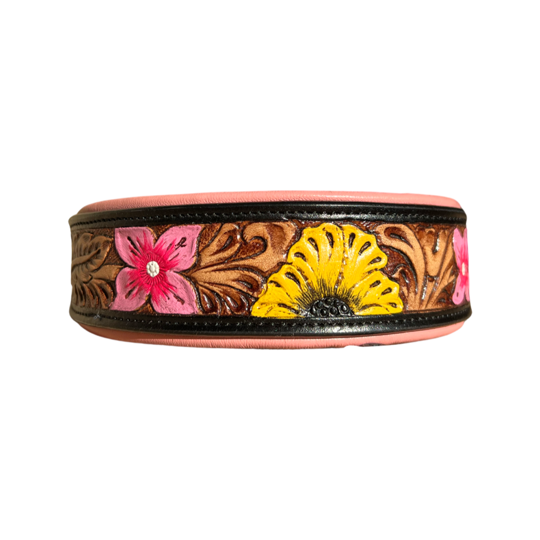 Maui Pink Tooled Leather Western Floral Dog Collar