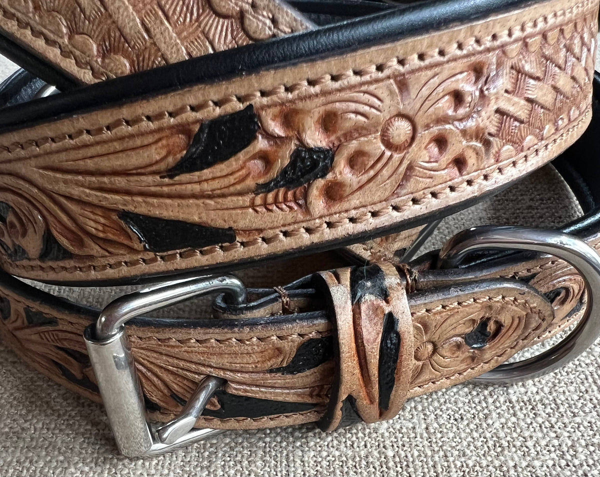 BISBEE Tooled Leather Basket stamp western dog leash collar