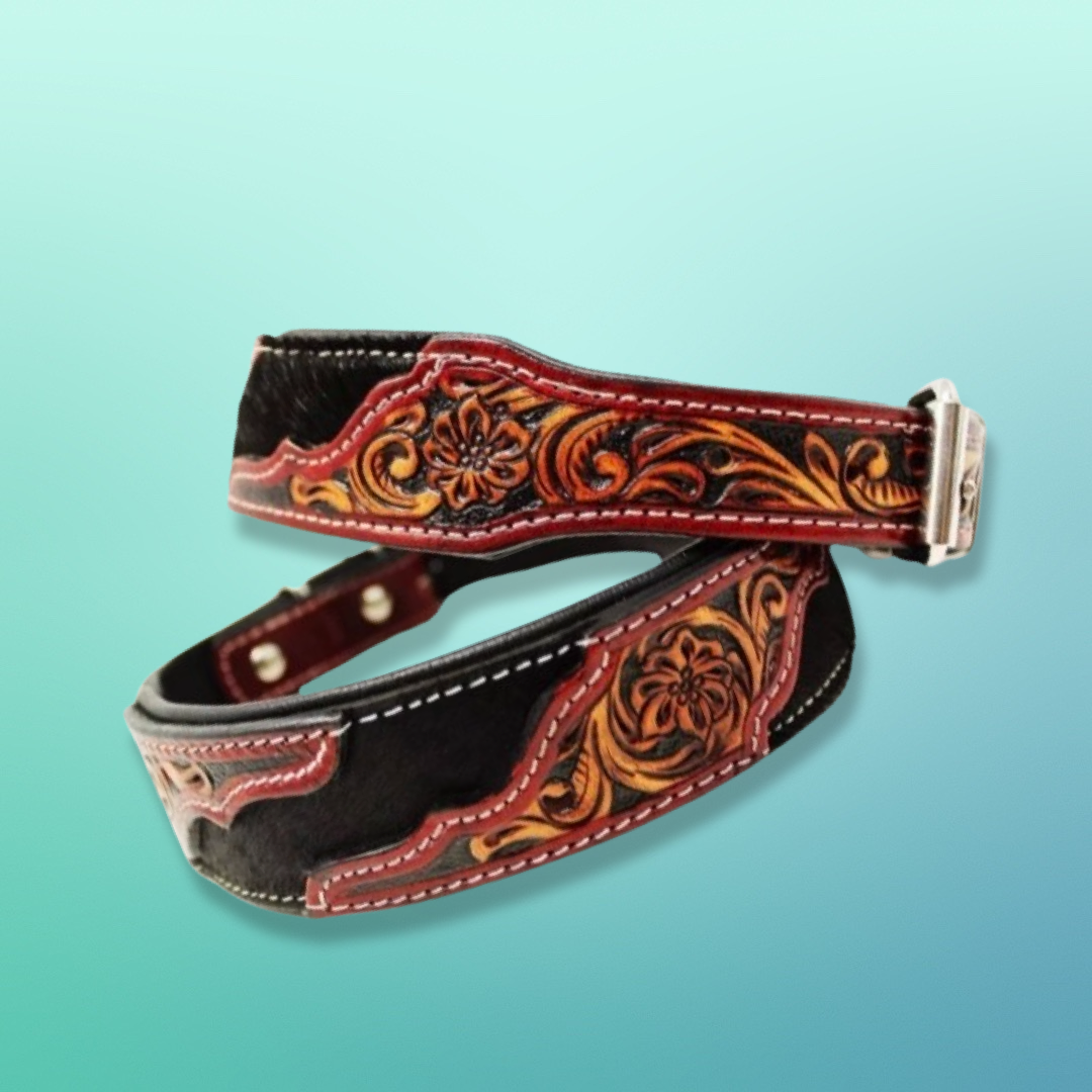 Western Saddle Inspired Leather Dog Collar - Hair On Cowhide