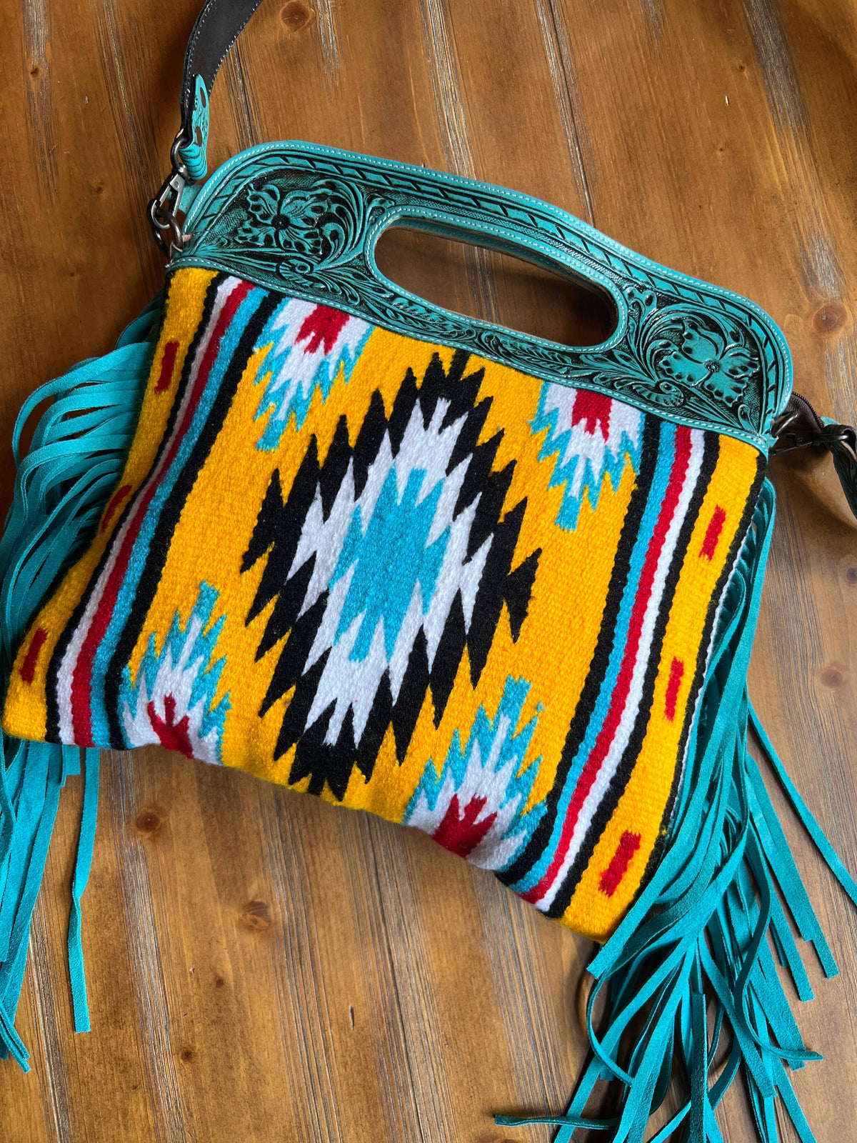 Turquoise Fringe Tooled Leather Cowhide Purse Saddle Blanket