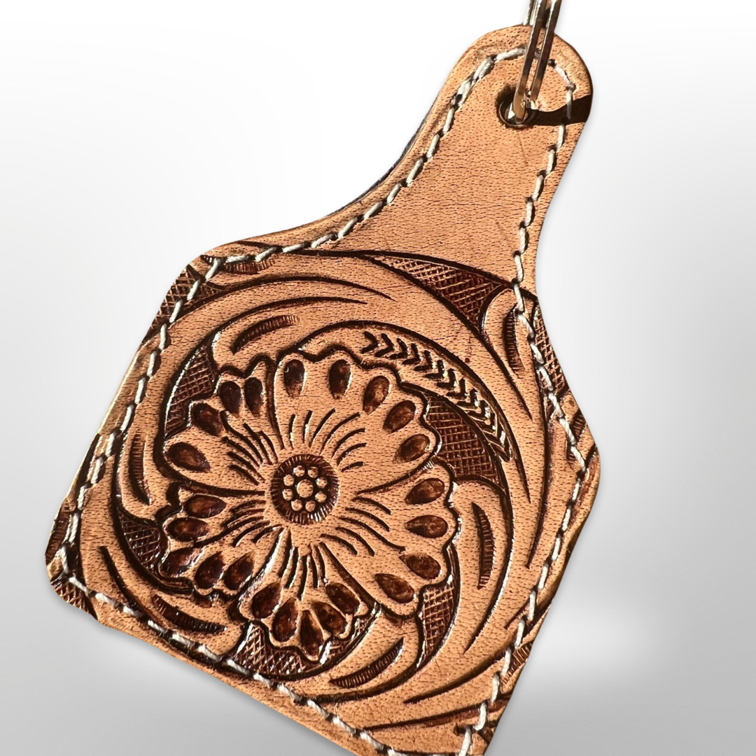 Tooled Leather Cattle Ear Tag Keychain