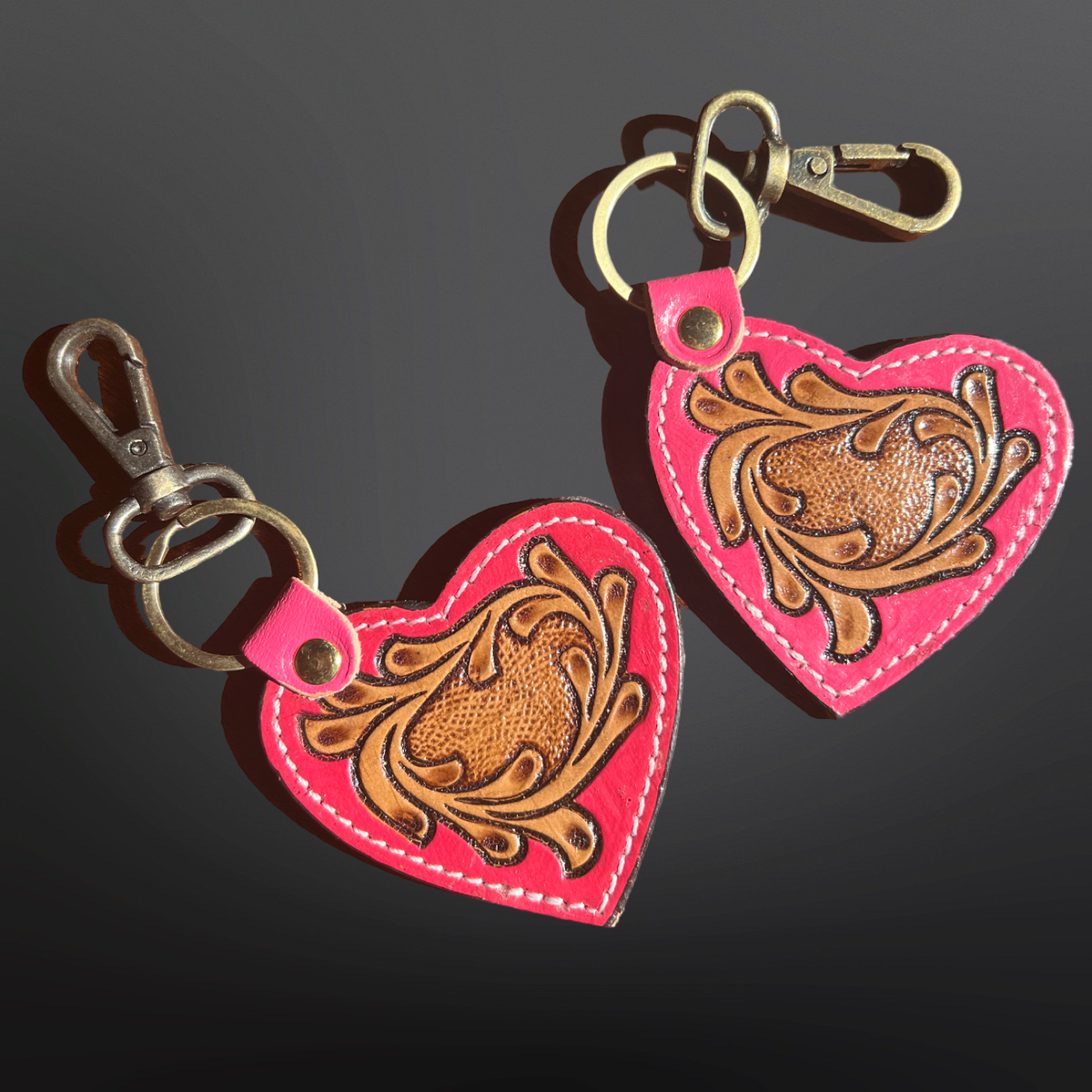 Tooled Leather Pink Heart Western Keychain