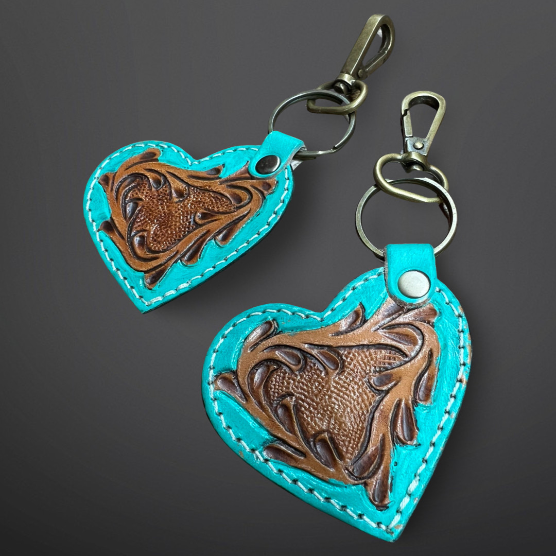 Turquoise Painted Tooled Leather Heart Keychain