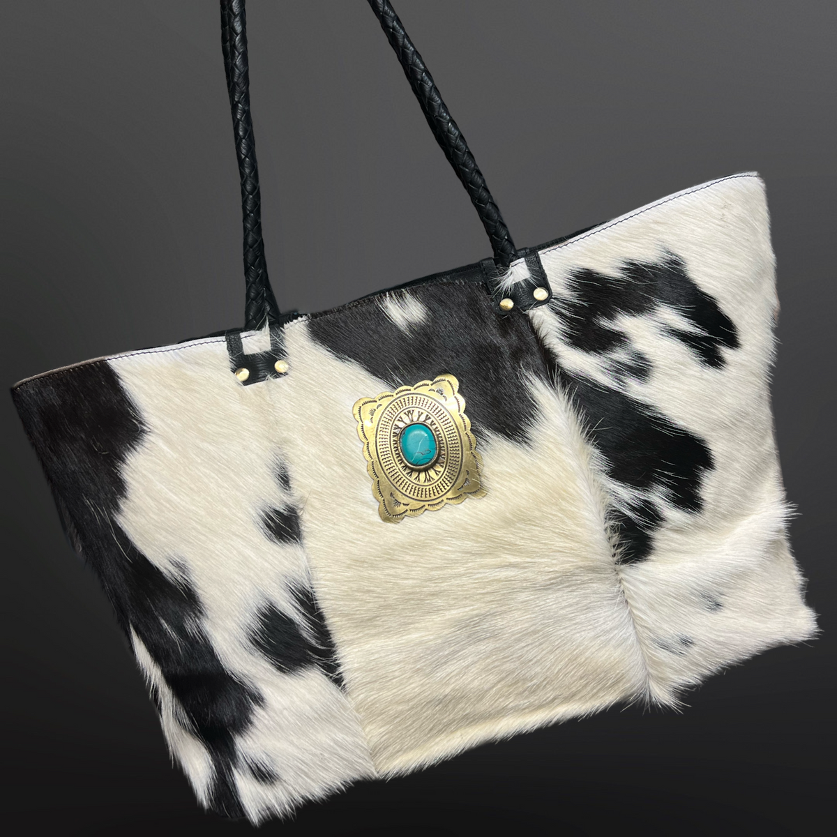 Cowhide Turquoise Concho Tote Bag - Large Handbag