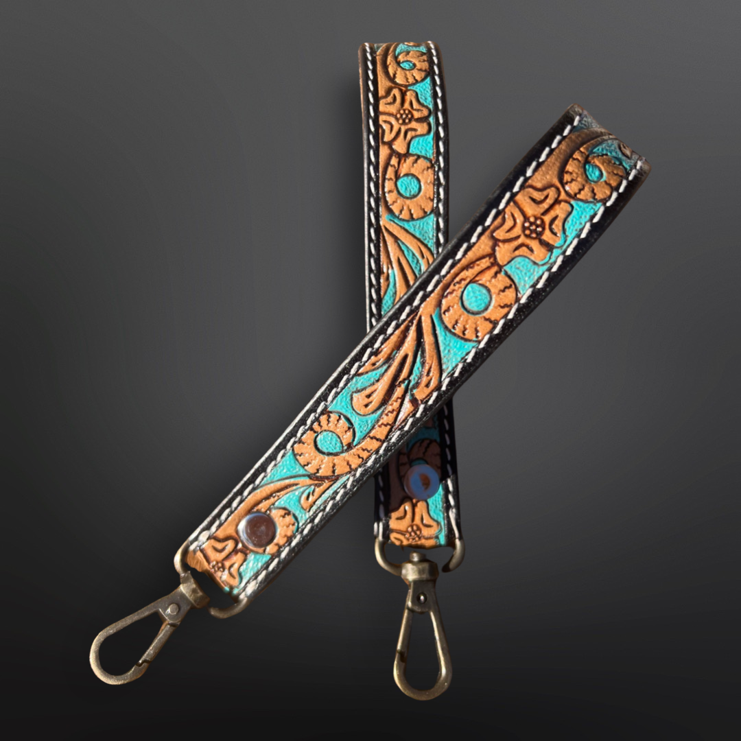 Tooled Leather Western Wrist Strap Keychain - Turquoise Painted