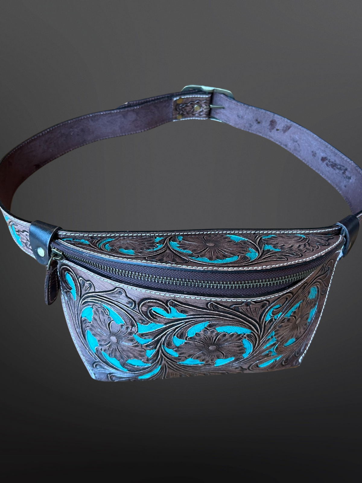 Fanny Pack - Western Tooled Leather Belt Bag Turquoise Painted