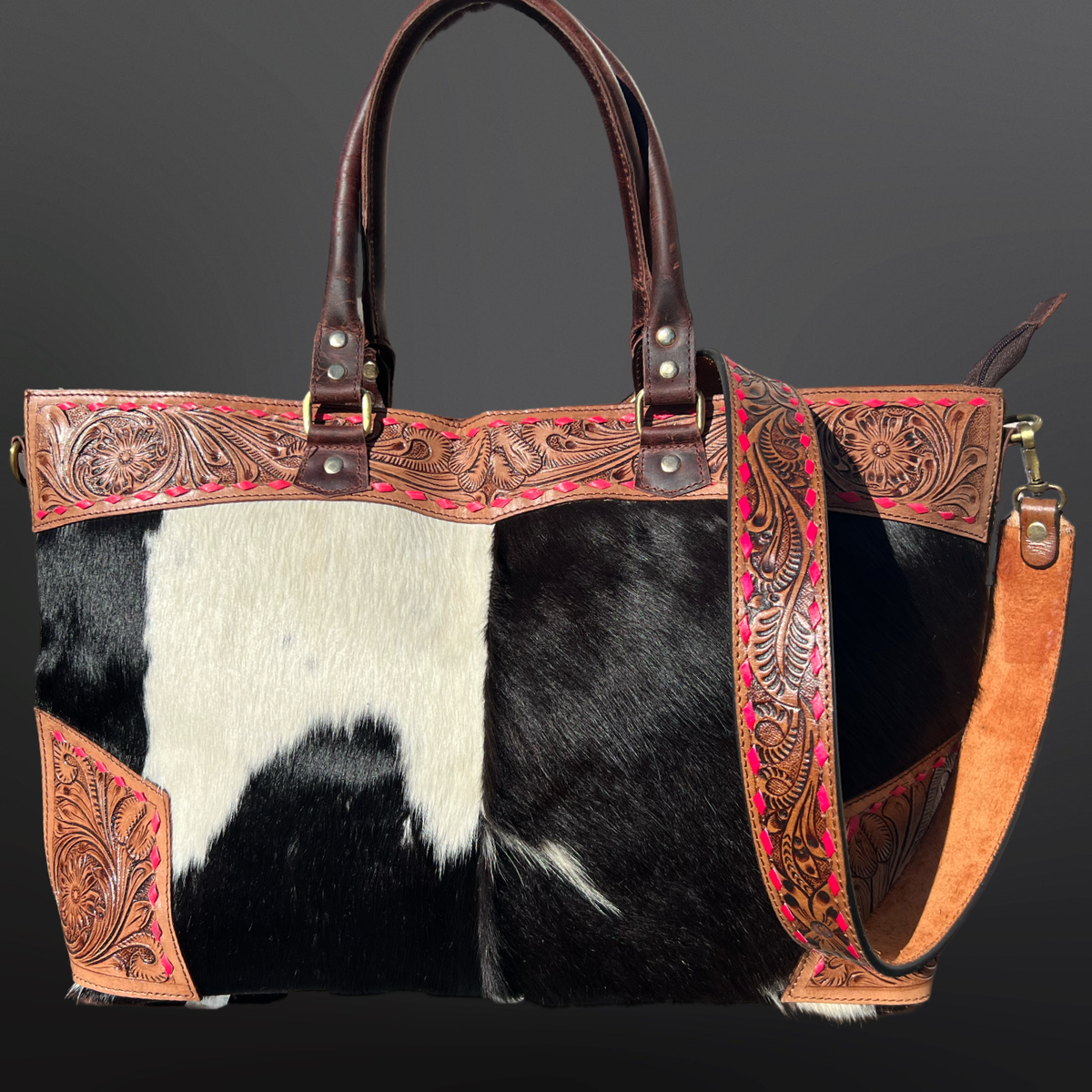 Western Tooled Leather Handbag Cowhide PINK Buck Stitching