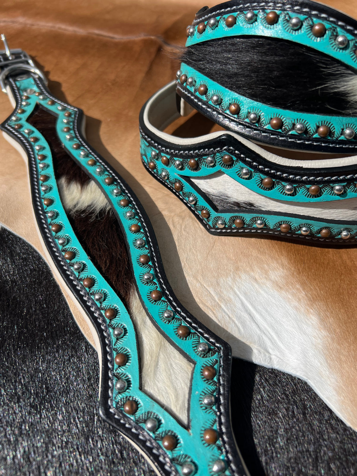 Western Cowhide Hair On Scalloped Turquoise Leather Dog Collar