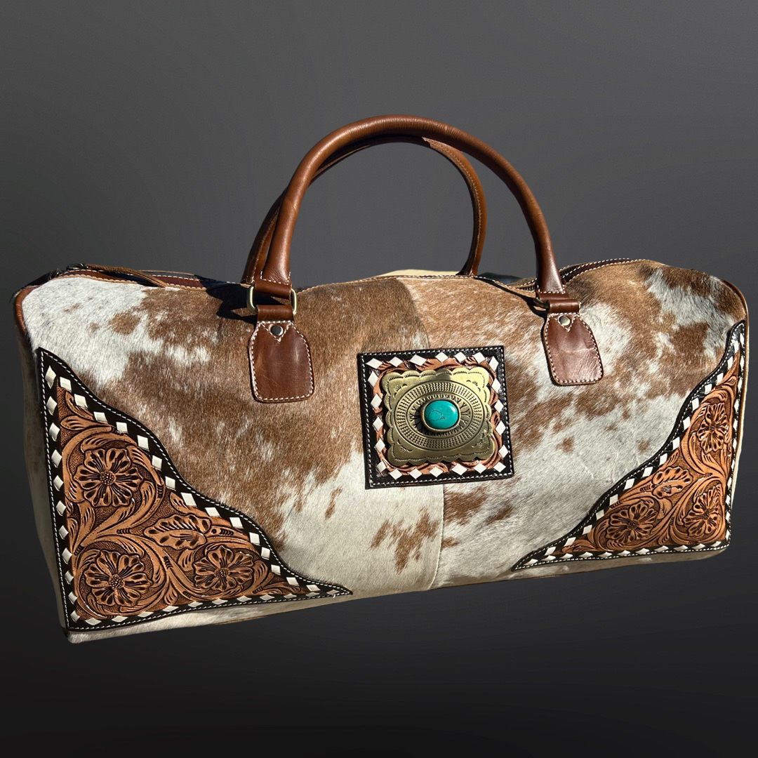 Western Cowhide Tooled Leather Duffle Travel Bag