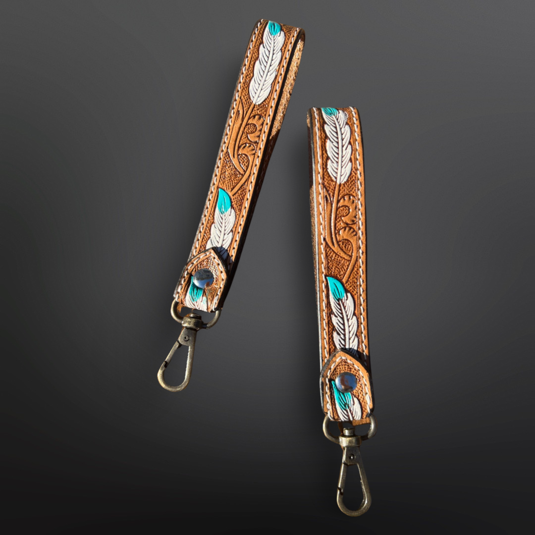 Tooled Leather Western Wrist Strap Keychain - Painted Feather