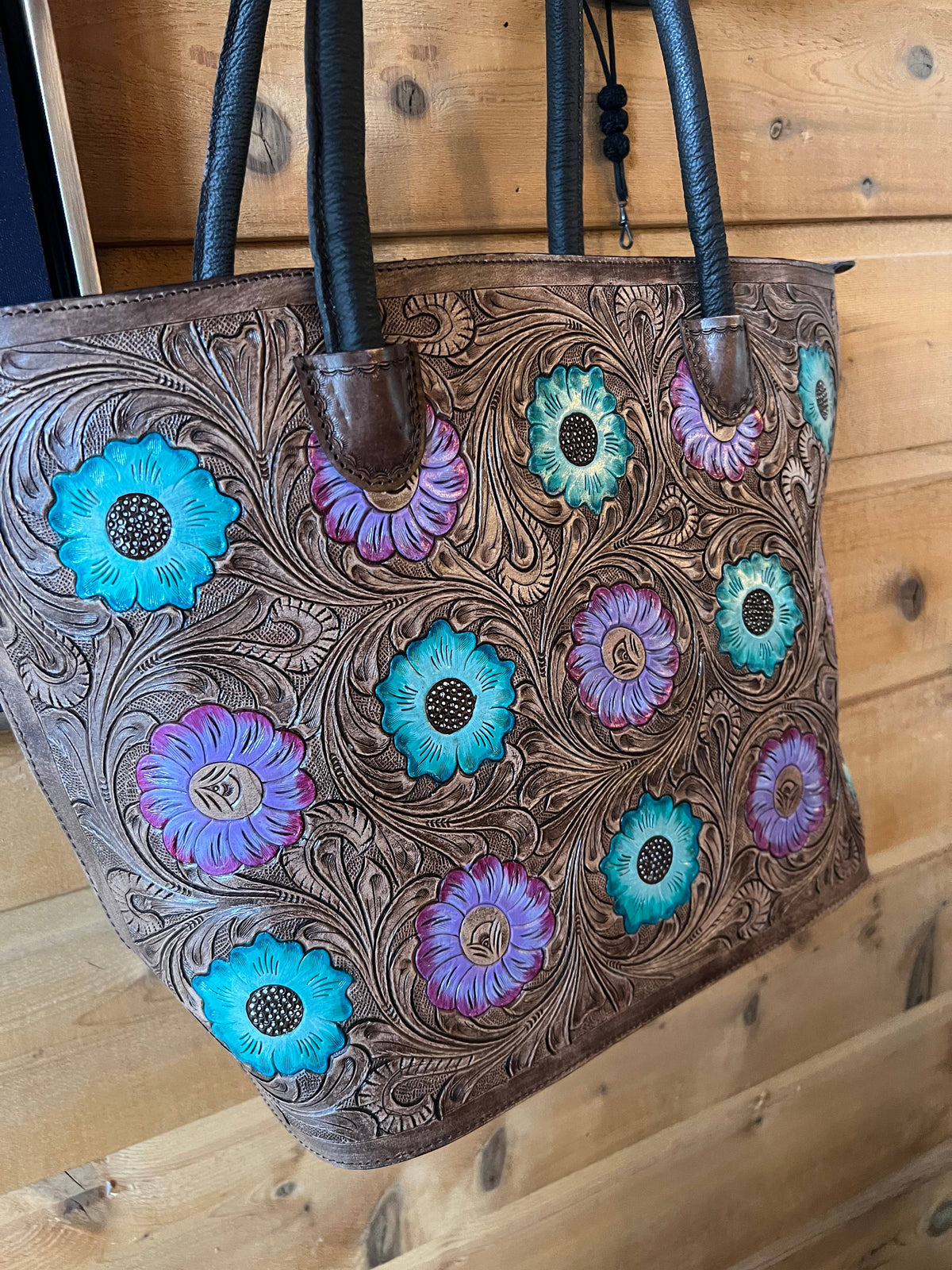 Turquoise Purple Flower Tooled Leather Tote Bag Purse