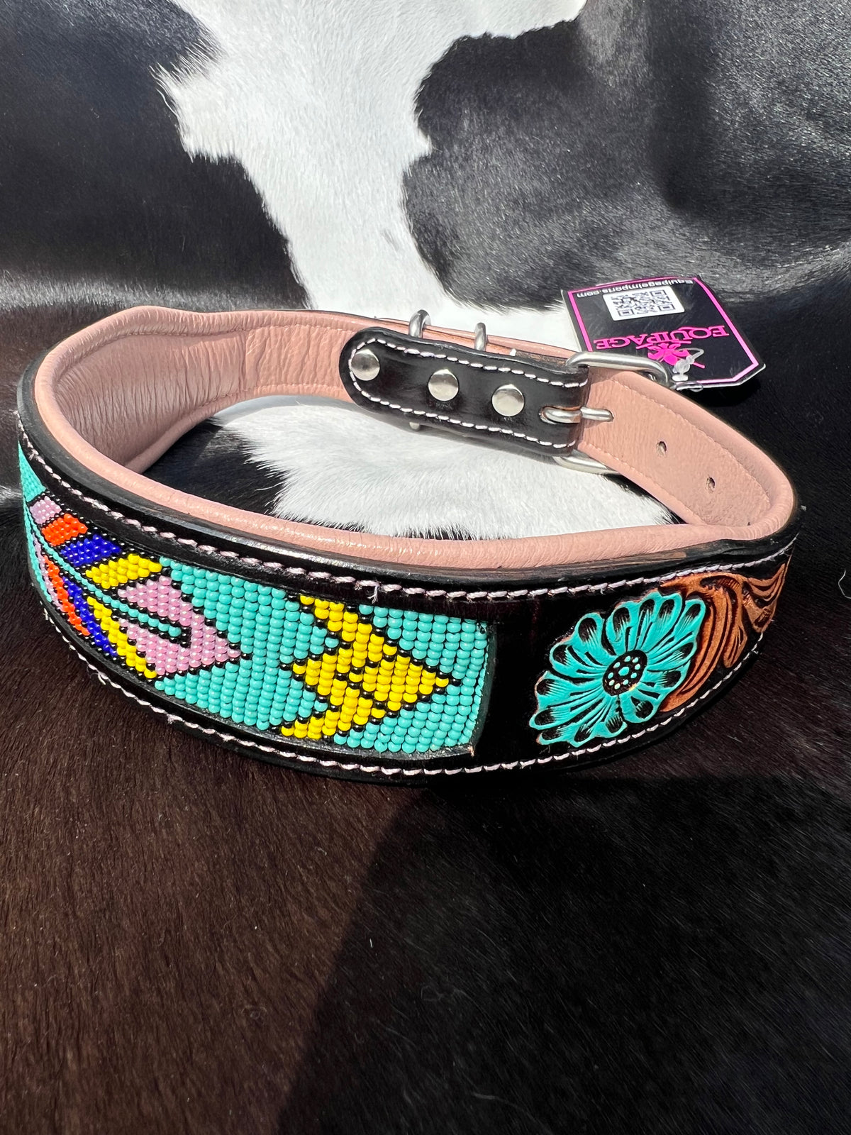 Turqoise Flower Beaded Tooled Leather Western Dog Collar