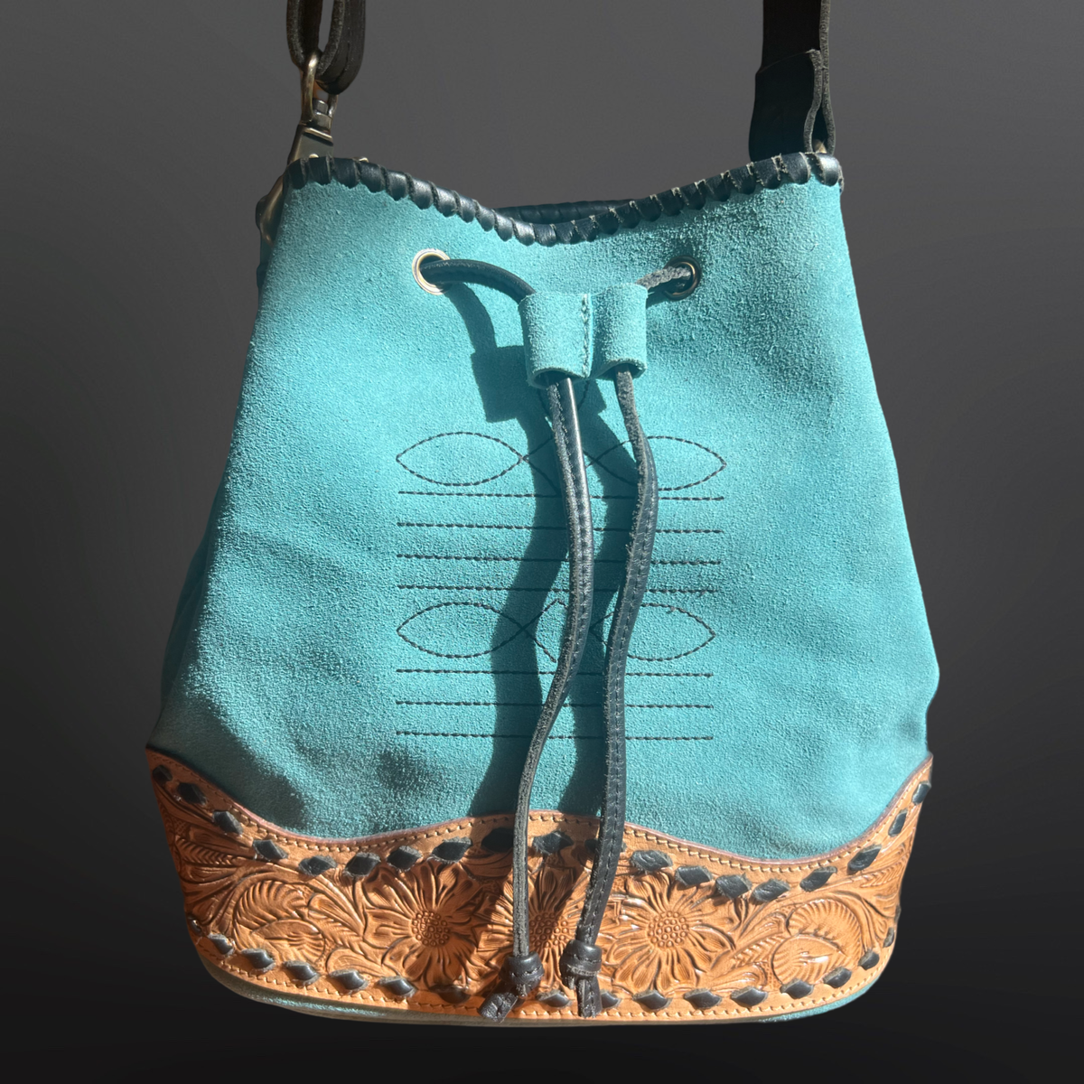 Cowboy Stitch Turquoise Suede Bucket Bag Handbag