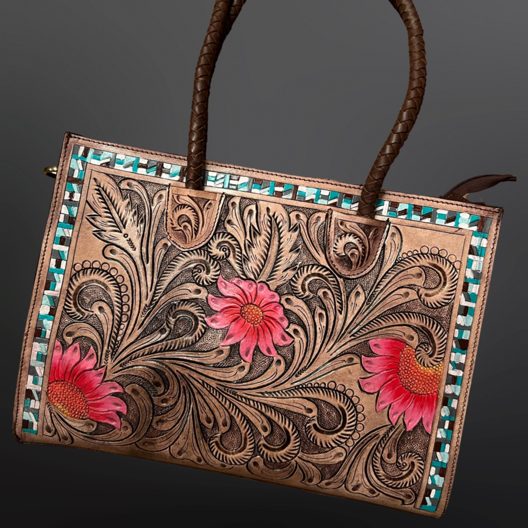 Pink Floral Western Tooled Leather Handbag