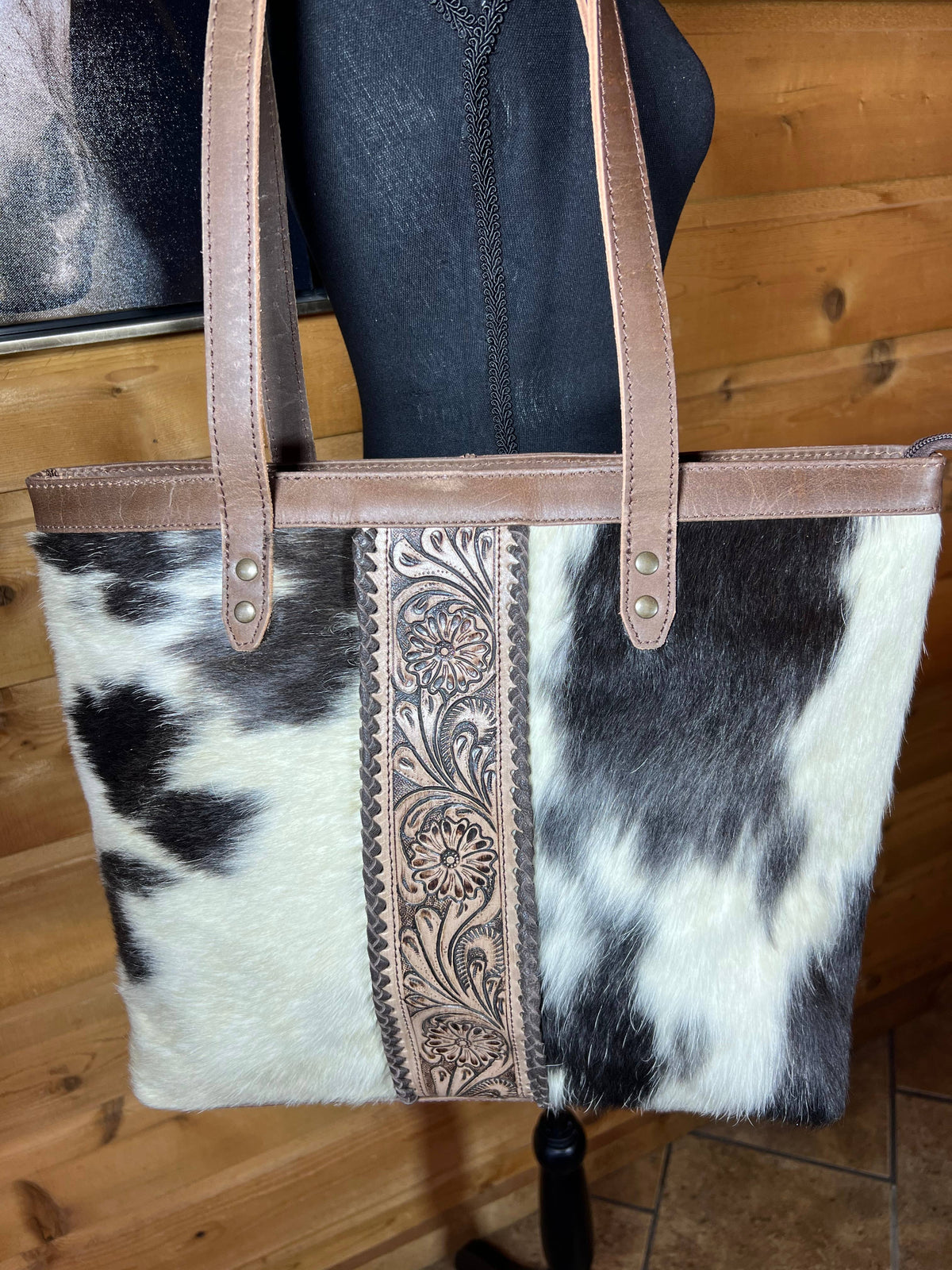 Western Floral Tooled Leather Hair On Cowhide Tote Purse Handbag