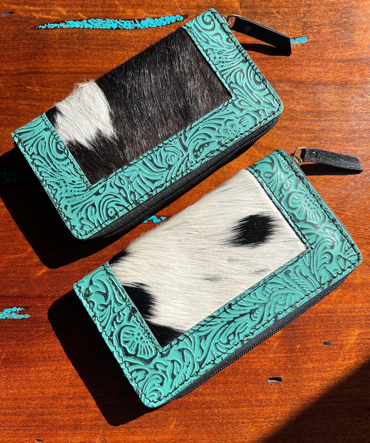 Tooled Leather Turquoise Cowhide Zip Close Wallet