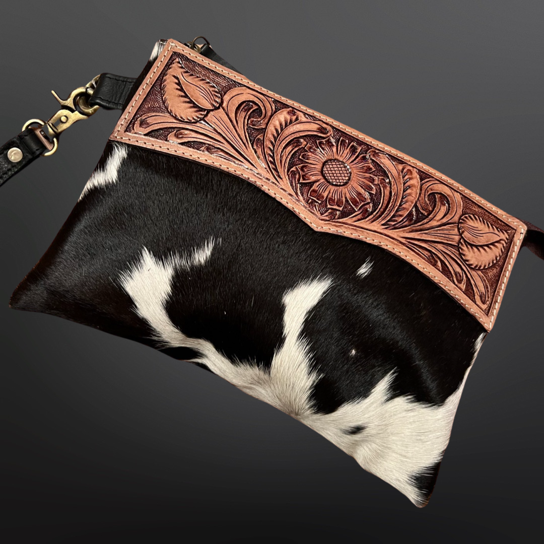 Cowhide Tooled Leather Clutch - Ladies Handbag