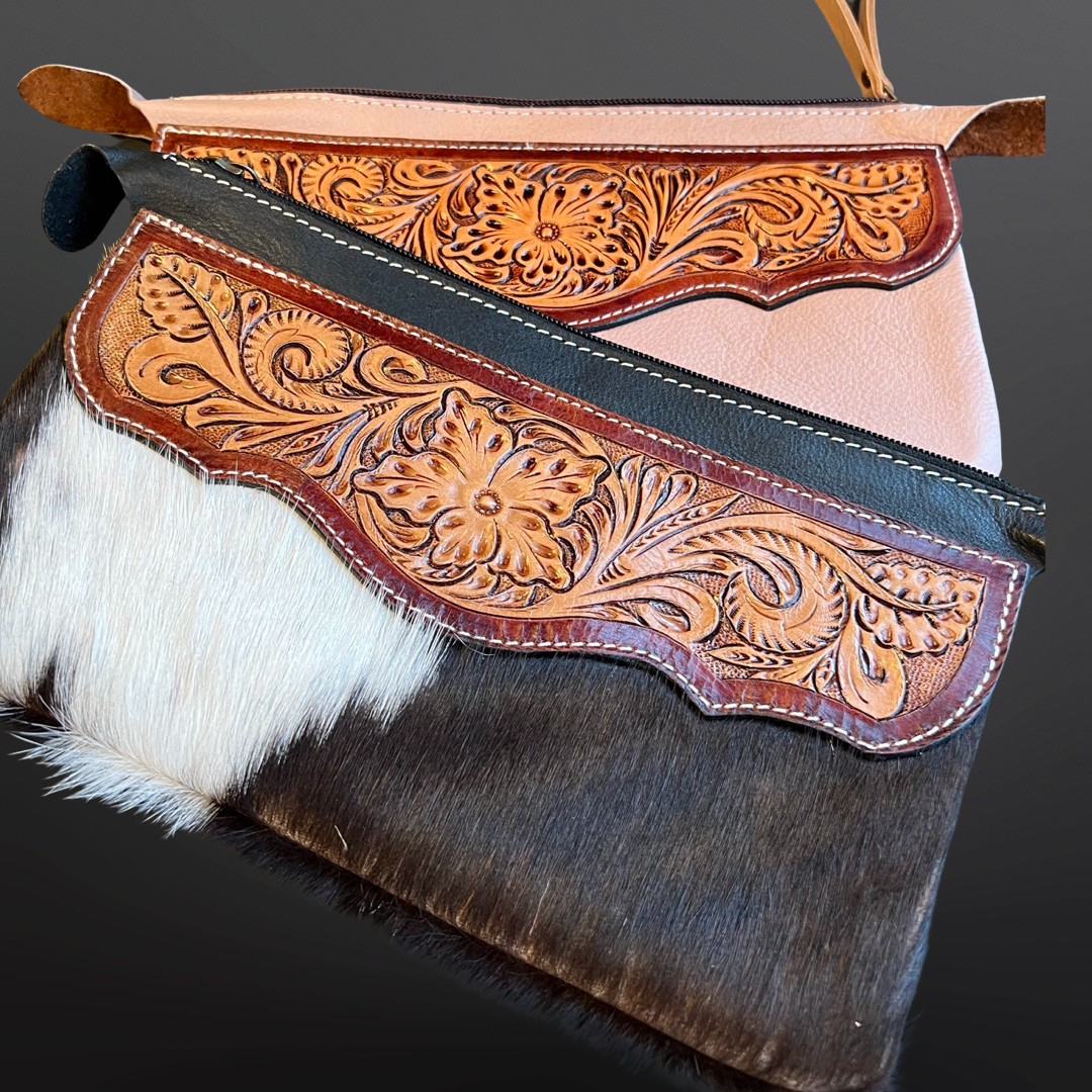 Cowhide Tooled Leather Cosmetic Bag - Toiletry Bag