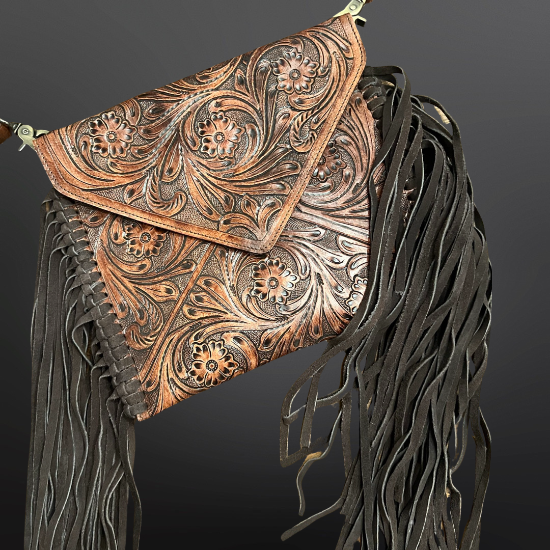 Envelope Style Tooled Leather Long Fringe Handbag