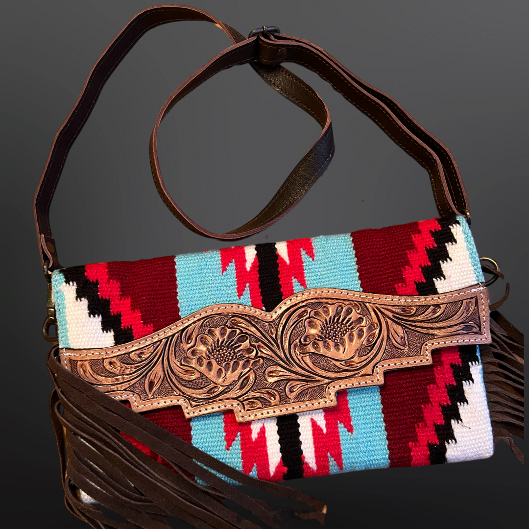 Tooled Leather Saddle Blanket Fringe Clutch - Pink Sky Blue