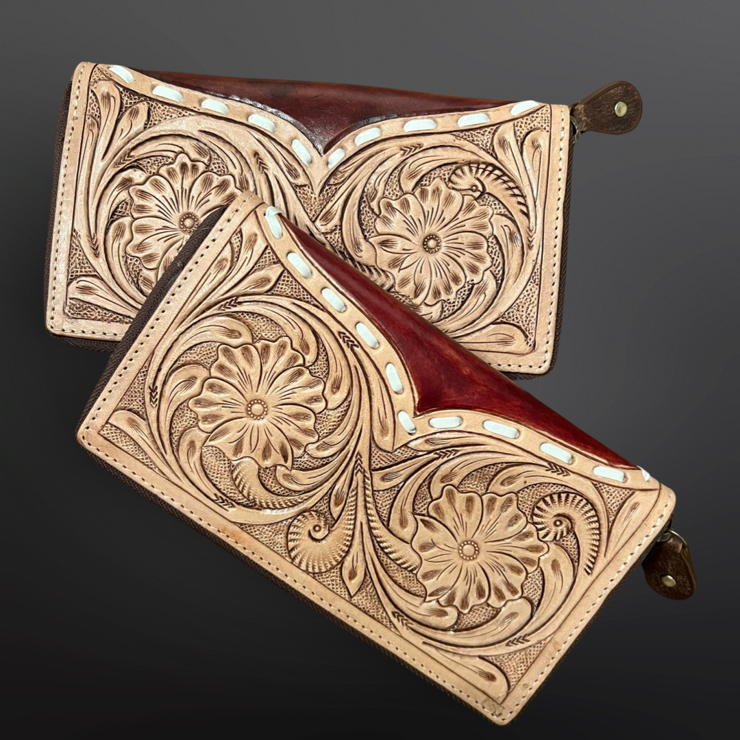 Tooled Leather Wallet - White Buck Stitching