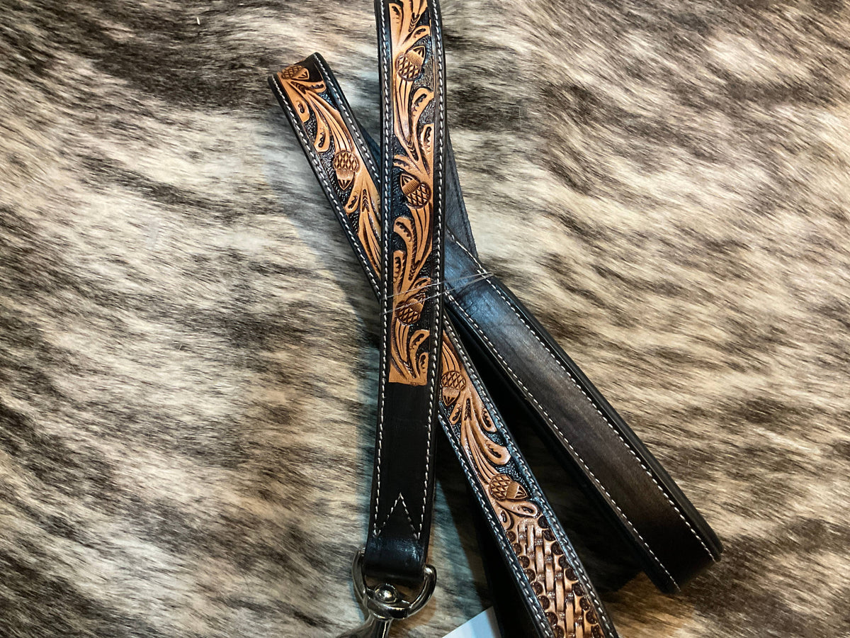 Western Tooled Leather Basket Stamped Floral Dog Leash