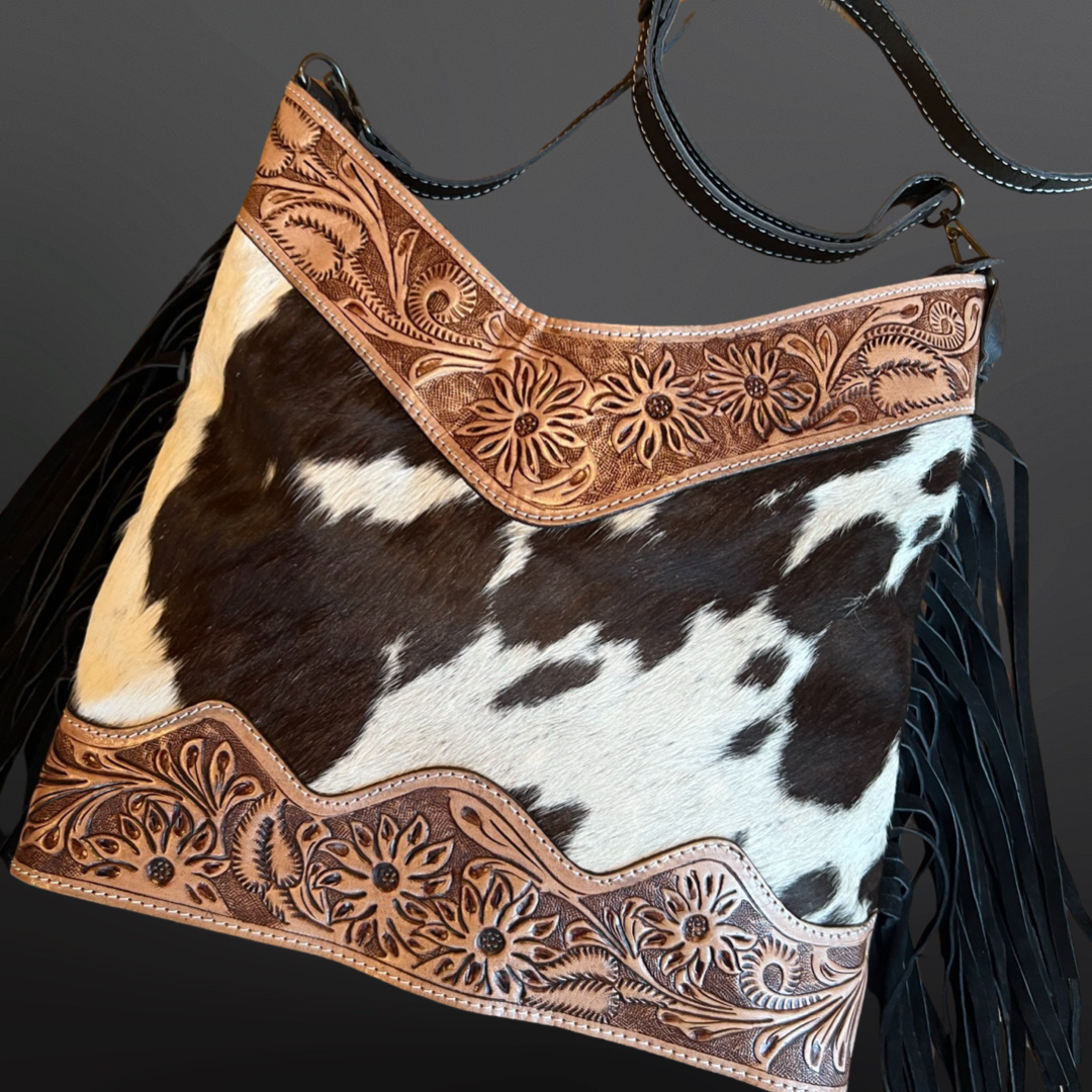 Large Tooled Leather Cowhide Handbag with Fringe