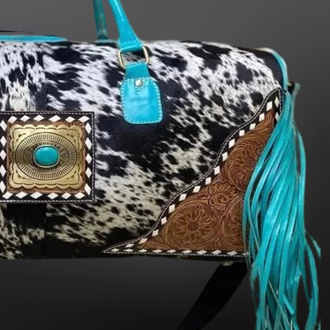 Turquoise Leather Fringe Western Cowhide Duffle Bag with Concho