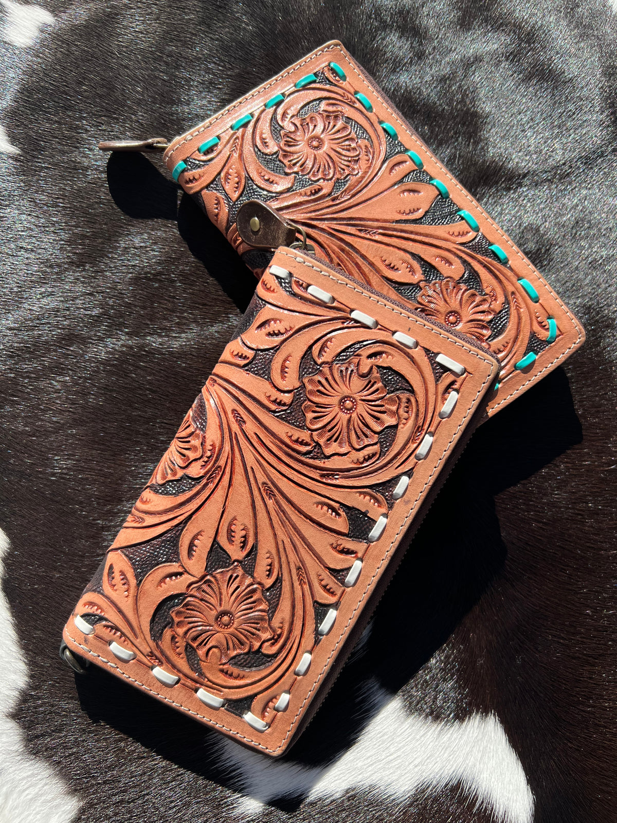 Buck-stitched Western Tooled Leather Wallet