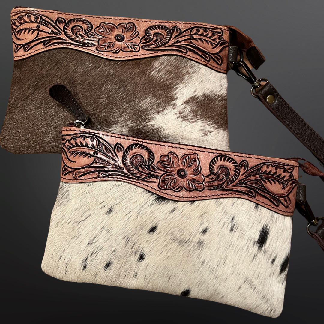 Cowhide Tooled Leather Clutch - Ladies Handbag