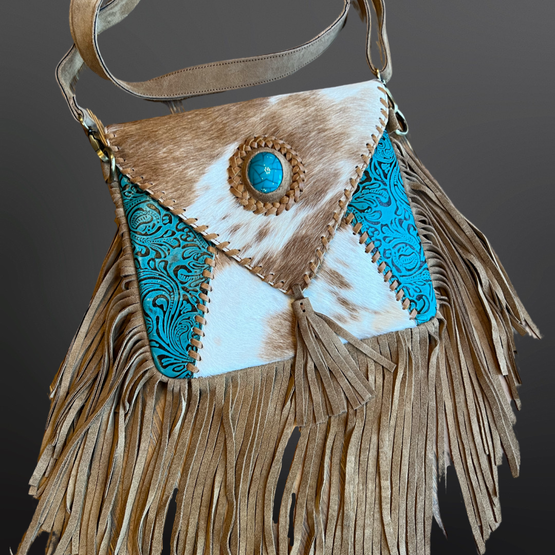 Suede Tooled Leather Turquoise Fringe Handbag