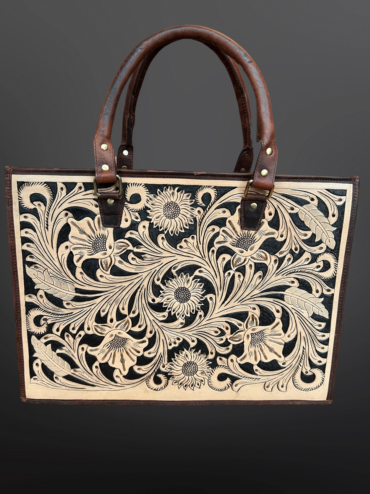 Western Floral Tooled Leather Handbag - Concealed Carry Laptop/Tablet Bag