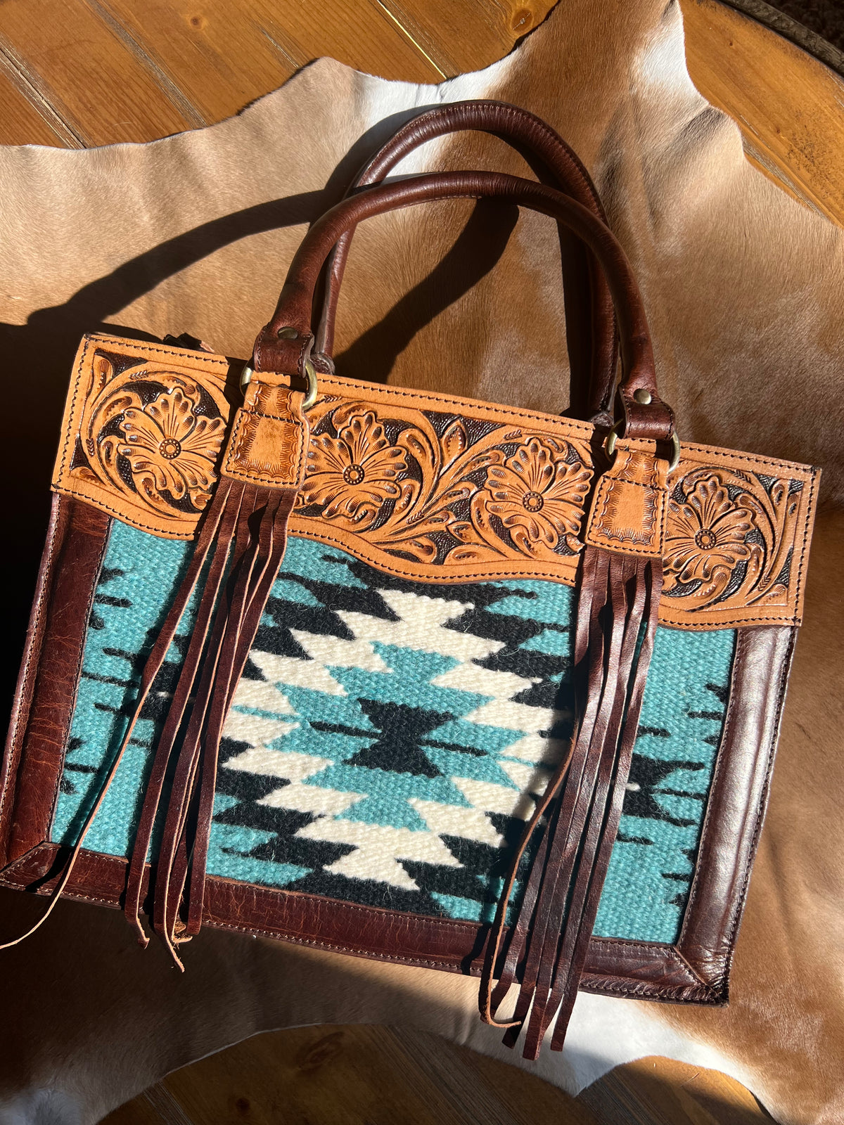 Saddle Blanket Tooled Leather Western Tote Purse