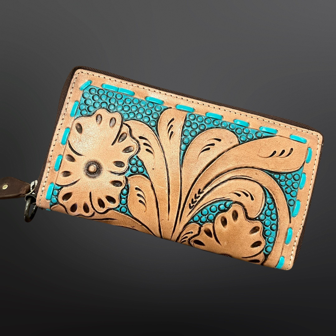 Front Pocket Hand Tooled Leather Wallet with Petite Flowers and