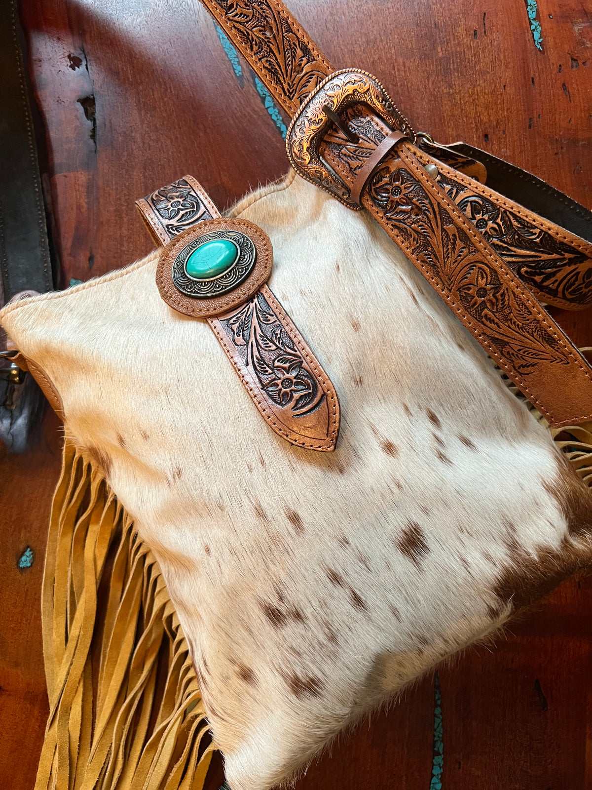 Western Cowhide Tooled Leather Faux Turquoise Purse