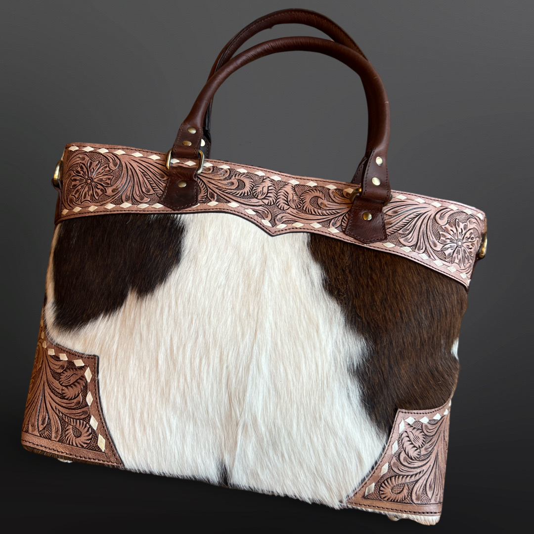 Western Tooled Leather Handbag - Cowhide and Buck Stitching CONCEALED CARRY