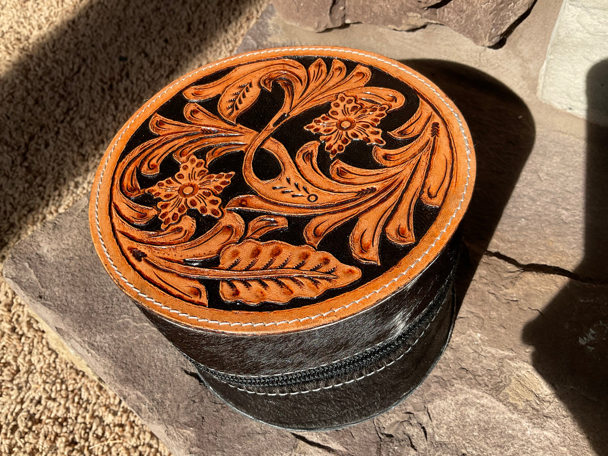 Tooled Leather Round Jewelry Case