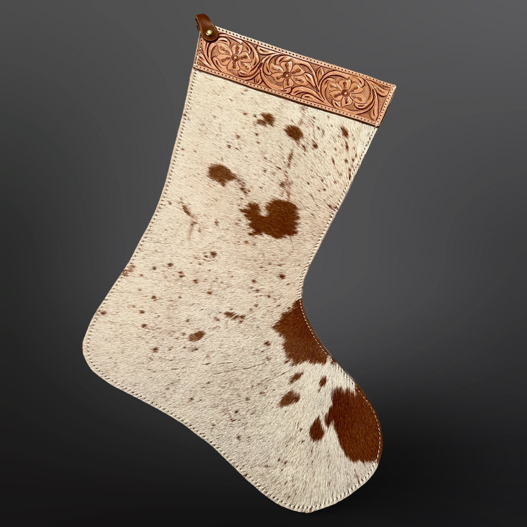 17” Large Christmas Holiday Stocking - Cowhide Floral Tooled Leather