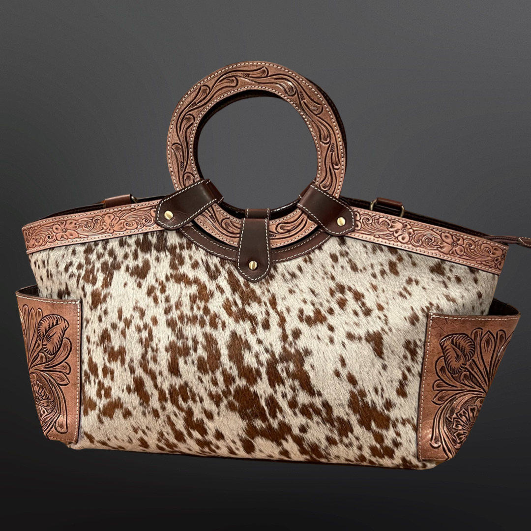 Tooled Leather Round Handle Handbag